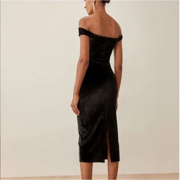 Reformation Lantern Velvet Midi Dress Embellished Cutout Bardot Off the Shoulder - Picture 9 of 12
